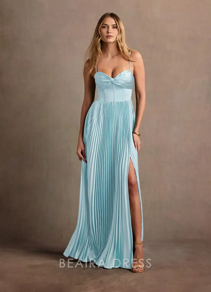 Elegant A-Line Spaghetti Strap Pleated Maxi Dress with Side Slit Prom Dress