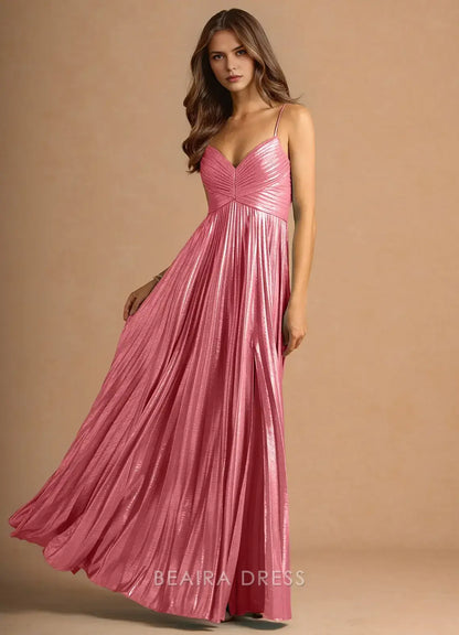Elegant A-Line Spaghetti Strap Pleated Maxi Dress with Side Slit Prom Dress