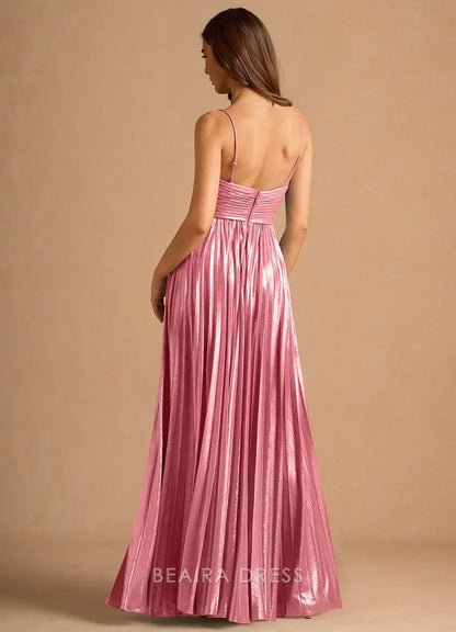 Elegant A-Line Spaghetti Strap Pleated Maxi Dress with Side Slit Prom Dress