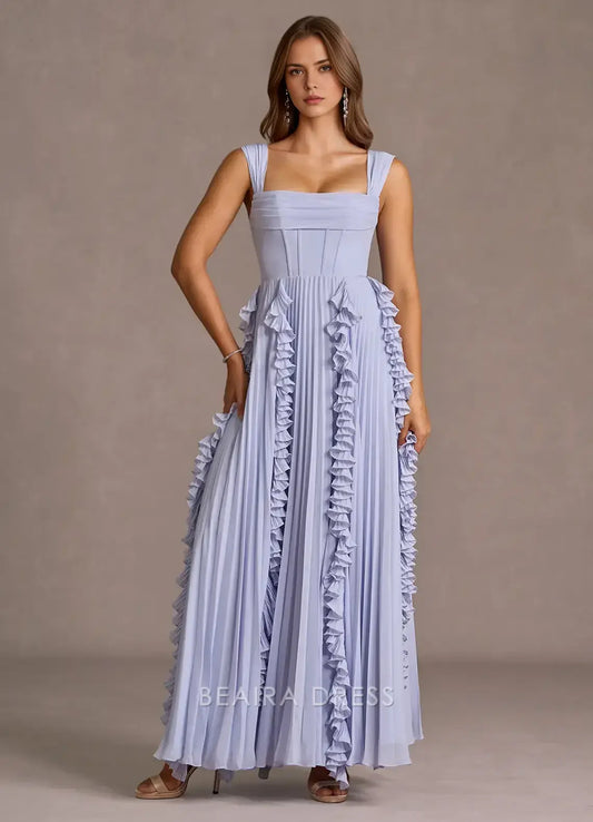 Elegant A-Line Square Neck Ruffled Chiffon Ankle-Length Maxi Dress Prom Dress