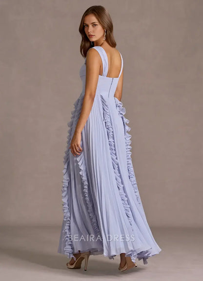Elegant A-Line Square Neck Ruffled Chiffon Ankle-Length Maxi Dress Prom Dress