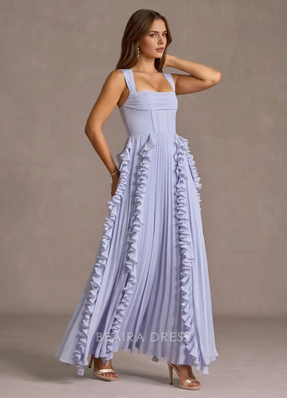 Elegant A-Line Square Neck Ruffled Chiffon Ankle-Length Maxi Dress Prom Dress