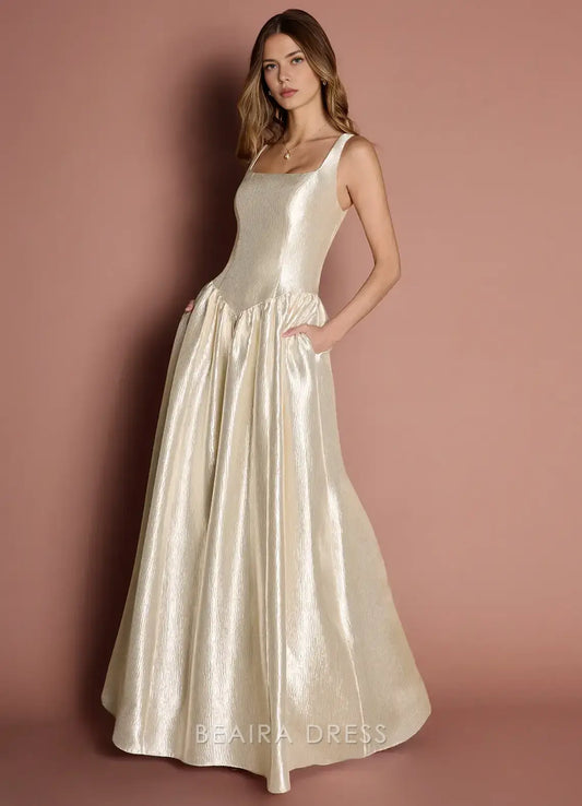 Elegant A-Line Square Neck Shimmering Maxi Dress with Pockets Prom Dress