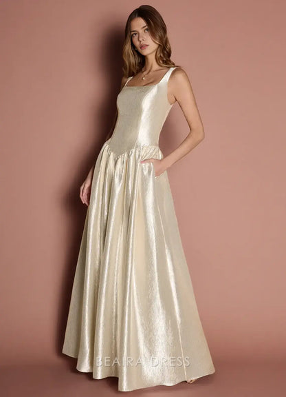 Elegant A-Line Square Neck Shimmering Maxi Dress with Pockets Prom Dress