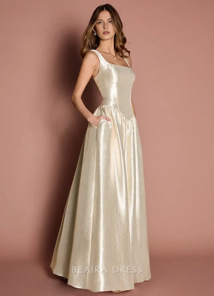 Elegant A-Line Square Neck Shimmering Maxi Dress with Pockets Prom Dress
