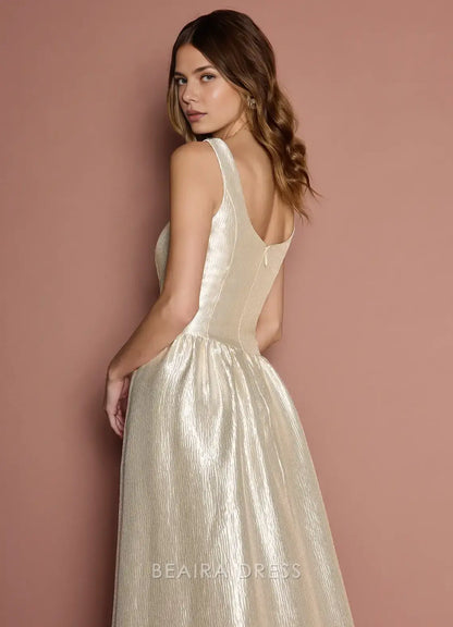 Elegant A-Line Square Neck Shimmering Maxi Dress with Pockets Prom Dress