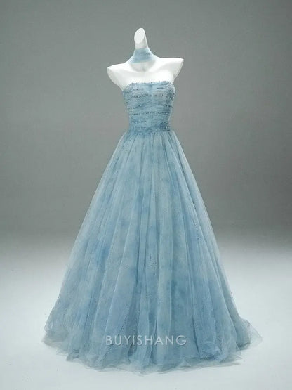 Elegant A-Line Strapless Beaded Tulle Ball Gown with Choker Detail Prom Dress