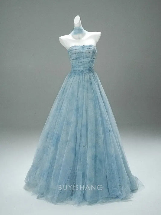 Elegant A-Line Strapless Beaded Tulle Ball Gown with Choker Detail Prom Dress
