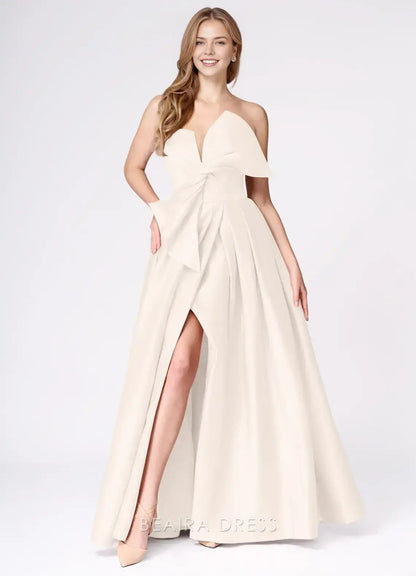 Elegant A-Line Strapless Bow - Detailed Satin Maxi Dress with Side Slit Prom Dress