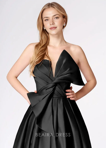 Elegant A-Line Strapless Bow - Detailed Satin Maxi Dress with Side Slit Prom Dress