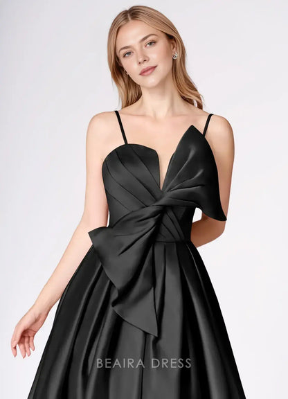Elegant A-Line Strapless Bow - Detailed Satin Maxi Dress with Side Slit Prom Dress