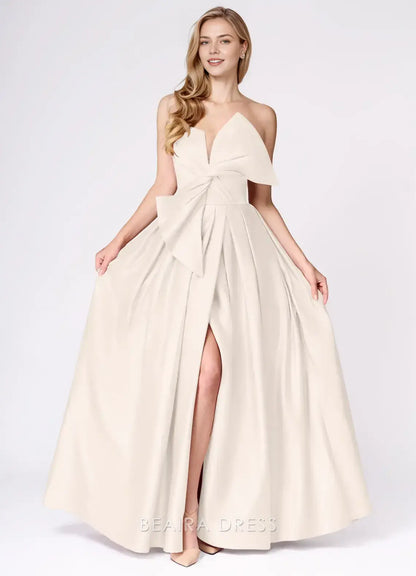 Elegant A-Line Strapless Bow - Detailed Satin Maxi Dress with Side Slit Prom Dress