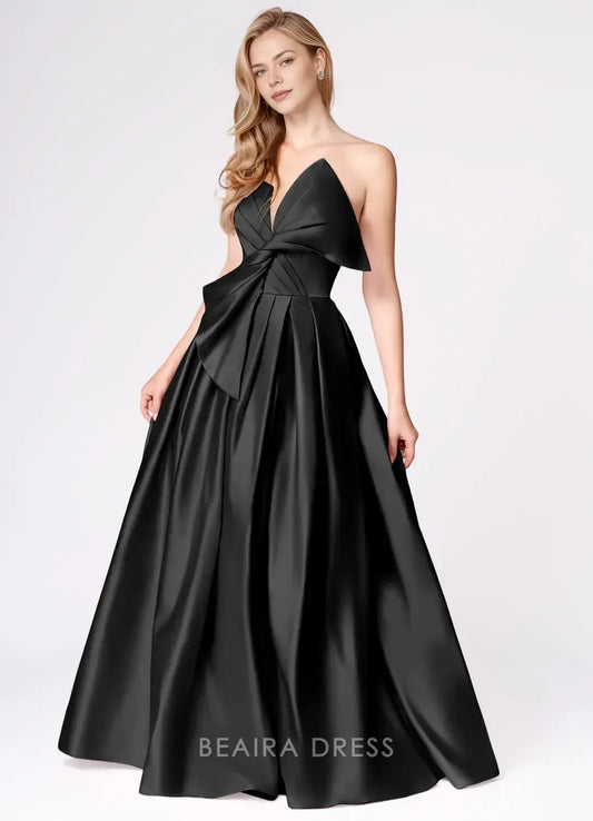 Elegant A-Line Strapless Bow - Detailed Satin Maxi Dress with Side Slit Prom Dress