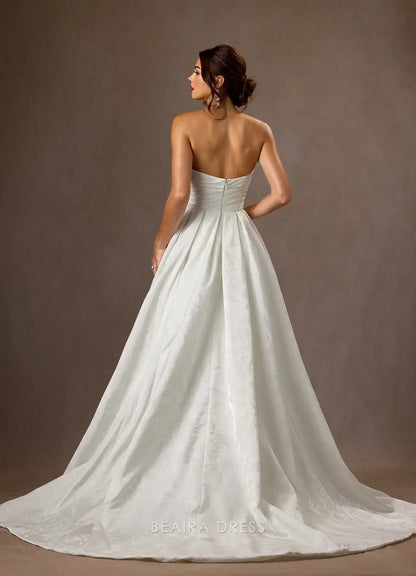 Elegant A-Line Strapless Jacquard Chapel Train with Side Slit and Train Prom Dress