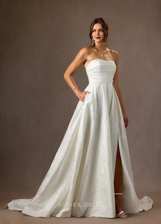 Elegant A-Line Strapless Jacquard Chapel Train with Side Slit and Train Prom Dress