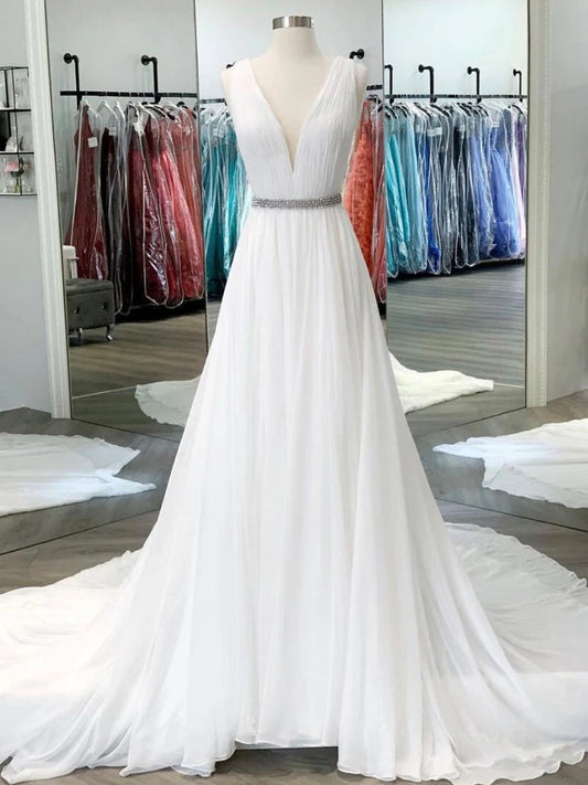 Elegant A-Line V-Neck Beaded White Floor-Length Evening Dress