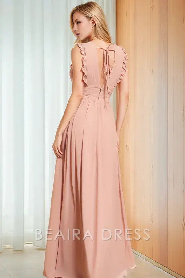 Beaira Elegant A-Line V Neck Straps Sleeveless Pleated Ruffles Prom Party Dress High Side Slit and Train Open Back Bridesmaids Dress