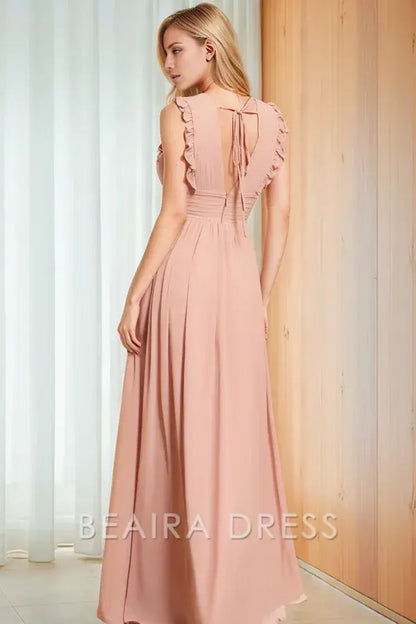 Beaira Elegant A-Line V Neck Straps Sleeveless Pleated Ruffles Prom Party Dress High Side Slit and Train Open Back Bridesmaids Dress