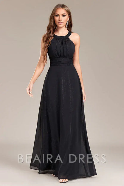 Beaira Elegant Black A Line Halter Long Prom Dress with Open Back - Black