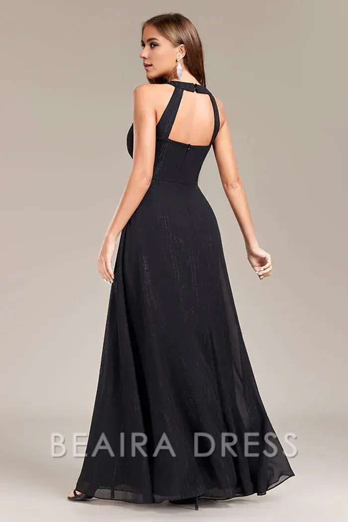 Beaira Elegant Black A Line Halter Long Prom Dress with Open Back - Black