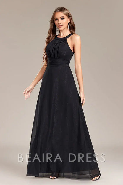 Beaira Elegant Black A Line Halter Long Prom Dress with Open Back - Black