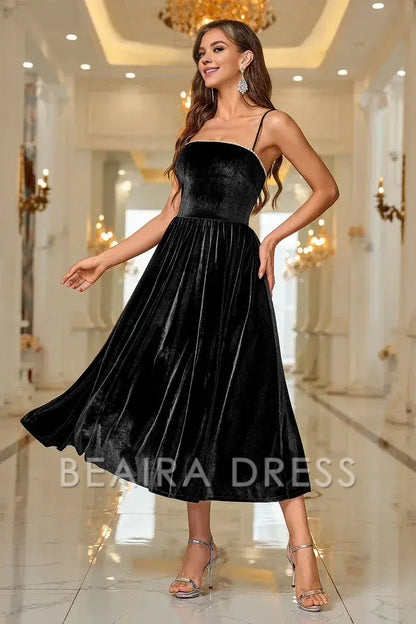 Beaira Elegant Black Velvet A Line Spaghetti Straps Tea Length Prom Dress - Black
