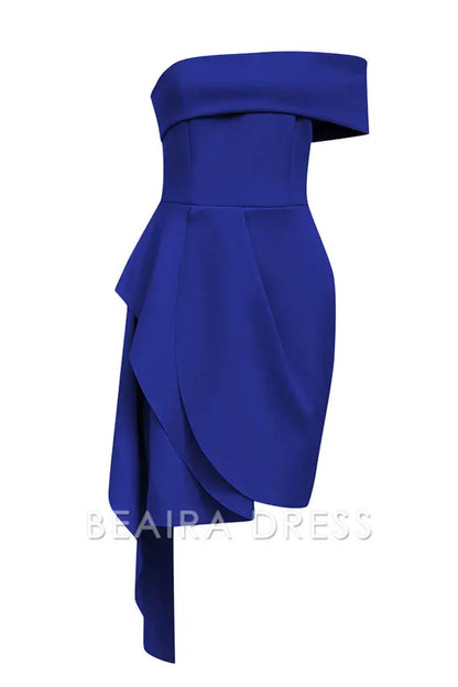 Beaira Elegant Blue Bodycon Strapless Solid Asymmetrical Cocktail Party Dress - Blue