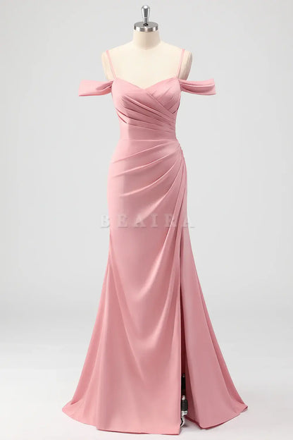 Beaira Elegant Blush Mermaid Cold Shoulder Ruched Satin Long Bridesmaid Dress with Slit