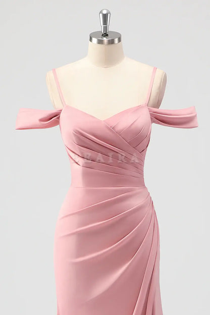 Beaira Elegant Blush Mermaid Cold Shoulder Ruched Satin Long Bridesmaid Dress with Slit