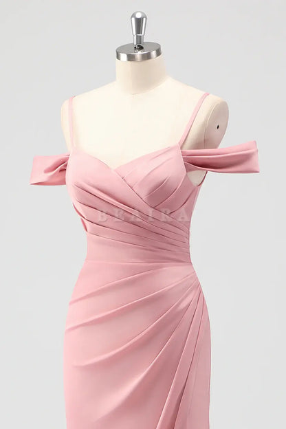 Beaira Elegant Blush Mermaid Cold Shoulder Ruched Satin Long Bridesmaid Dress with Slit