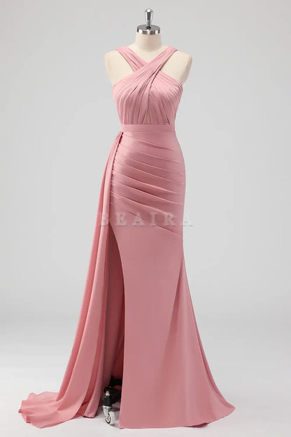 Beaira Elegant Blush Mermaid Cut Out Side Streamer Pleated Satin Long Bridesmaid Dress with Slit