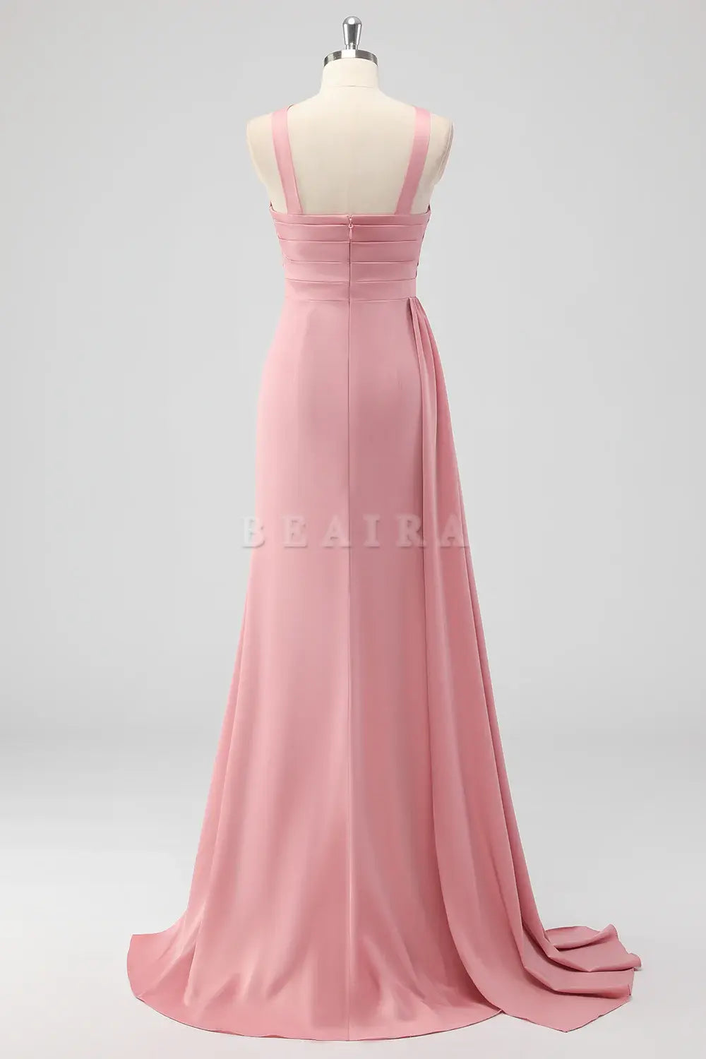 Beaira Elegant Blush Mermaid Cut Out Side Streamer Pleated Satin Long Bridesmaid Dress with Slit