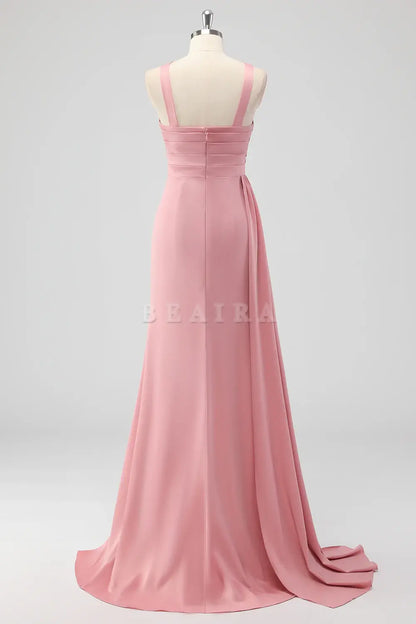 Beaira Elegant Blush Mermaid Cut Out Side Streamer Pleated Satin Long Bridesmaid Dress with Slit