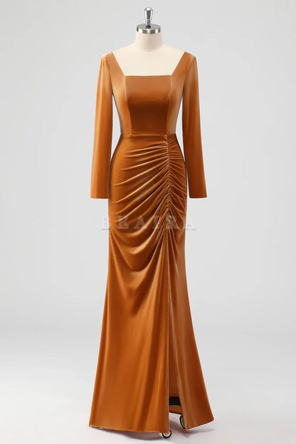 Beaira Elegant Brown Mermaid Square Neck Ruched Long Sleeves Velvet Bridesmaid Dress with Slit