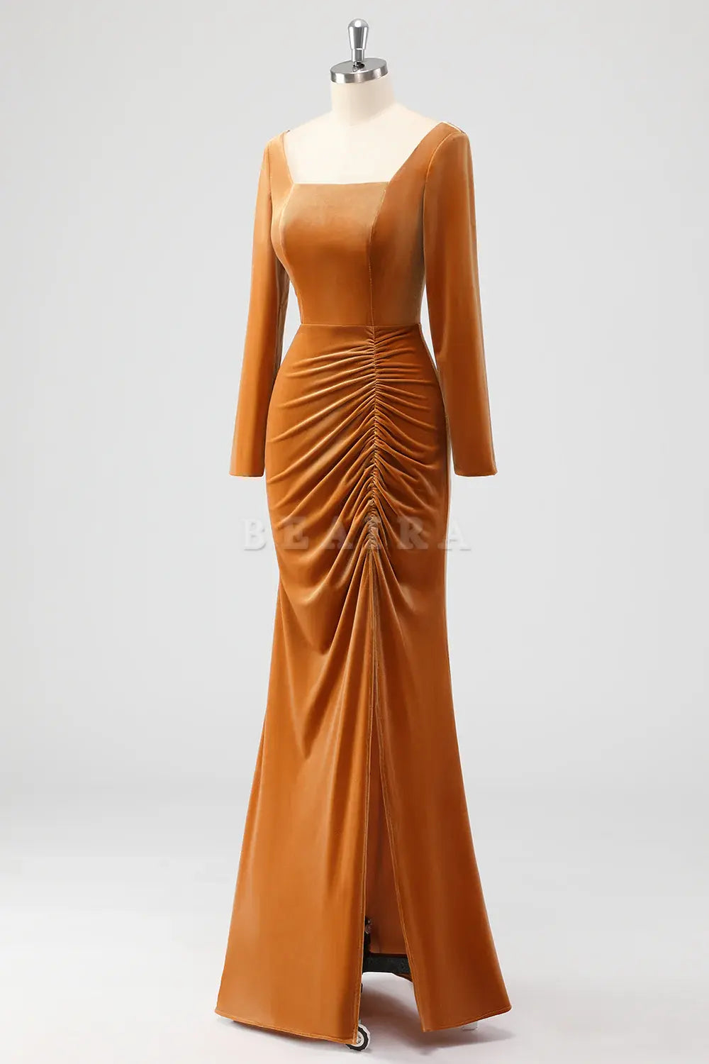 Beaira Elegant Brown Mermaid Square Neck Ruched Long Sleeves Velvet Bridesmaid Dress with Slit