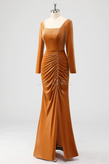 Beaira Elegant Brown Mermaid Square Neck Ruched Long Sleeves Velvet Bridesmaid Dress with Slit