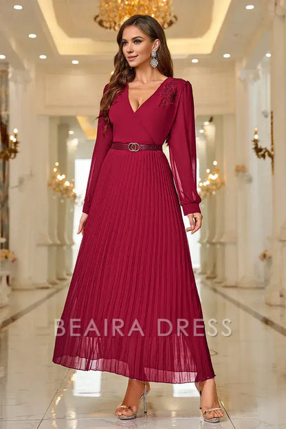 Beaira Elegant Burgundy A Line V Neck Pleated Appliques Belted Prom Dress with Long Sleeves - Burgundy