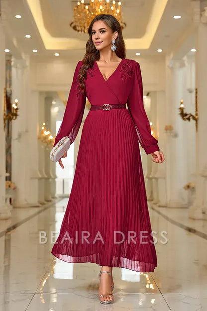 Beaira Elegant Burgundy A Line V Neck Pleated Appliques Belted Prom Dress with Long Sleeves - Burgundy