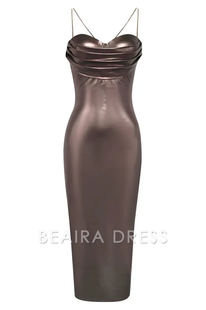 Beaira Elegant Dark Brown Mermaid Spaghetti Straps Long Formal Dress with Slit - Dark Brown