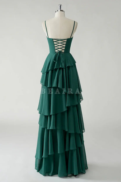 Beaira Elegant Dark Green A Line Spaghetti Straps Tiered Chiffon Floor Length Bridesmaid Dress