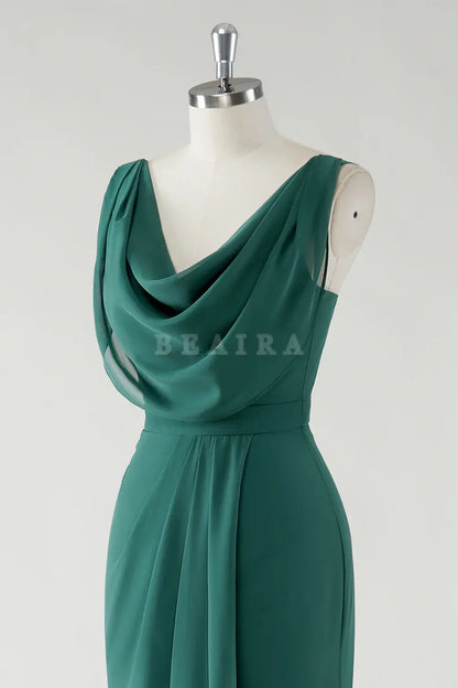 Beaira Elegant Dark Green Sheath Cowl Neck Chiffon Floor Length Bridesmaid Dress with Slit