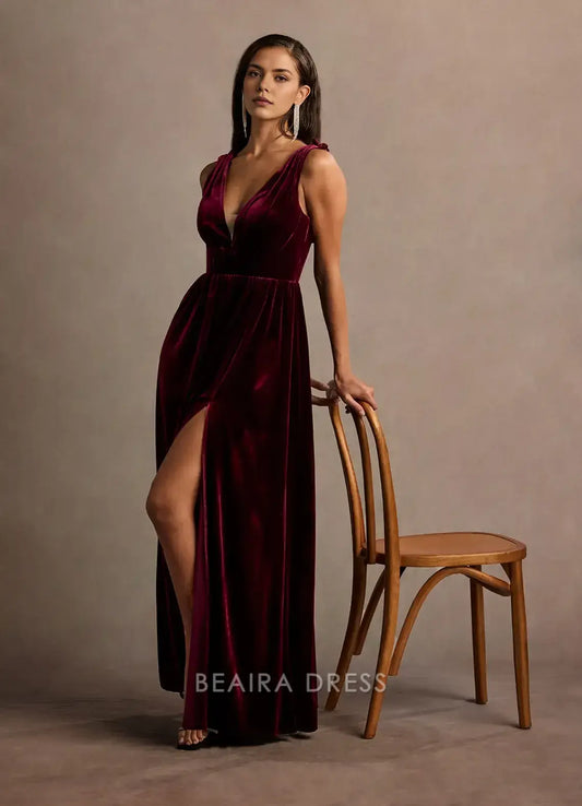 Elegant Deep V - Neck Velvet Maxi Dress with Side Slit and Floral Back Detail Prom Dress