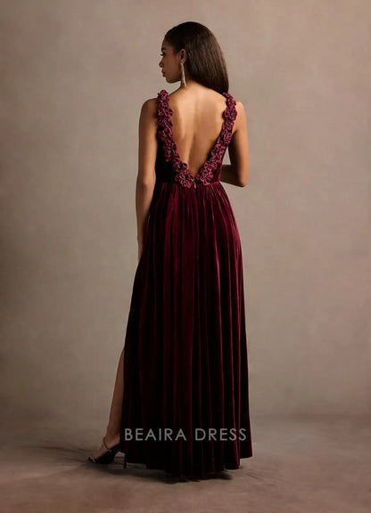 Elegant Deep V - Neck Velvet Maxi Dress with Side Slit and Floral Back Detail Prom Dress