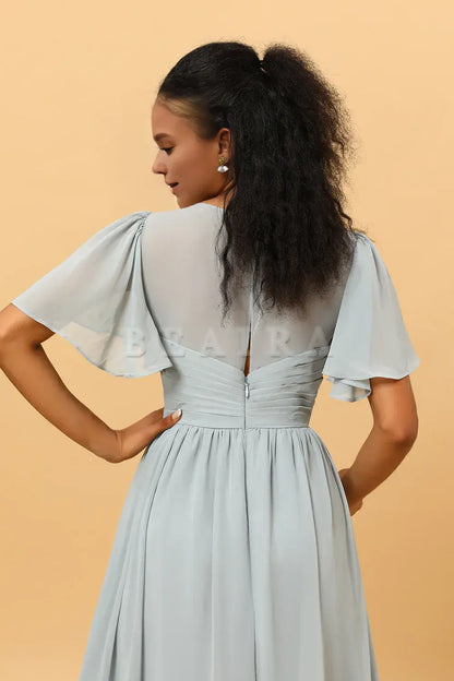 Beaira Elegant Dusty Blue A Line V Neck Short Sleeves Long Chiffon Bridesmaid Dress New Arrivals