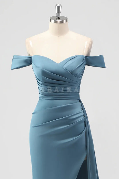 Beaira Elegant Dusty Blue Mermaid Off The Shoulder Side Streamer Ruched Satin Long Bridesmaid Dress with Slit