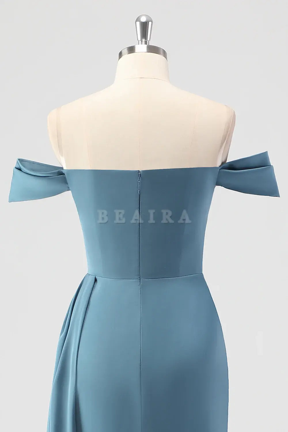 Beaira Elegant Dusty Blue Mermaid Off The Shoulder Side Streamer Ruched Satin Long Bridesmaid Dress with Slit