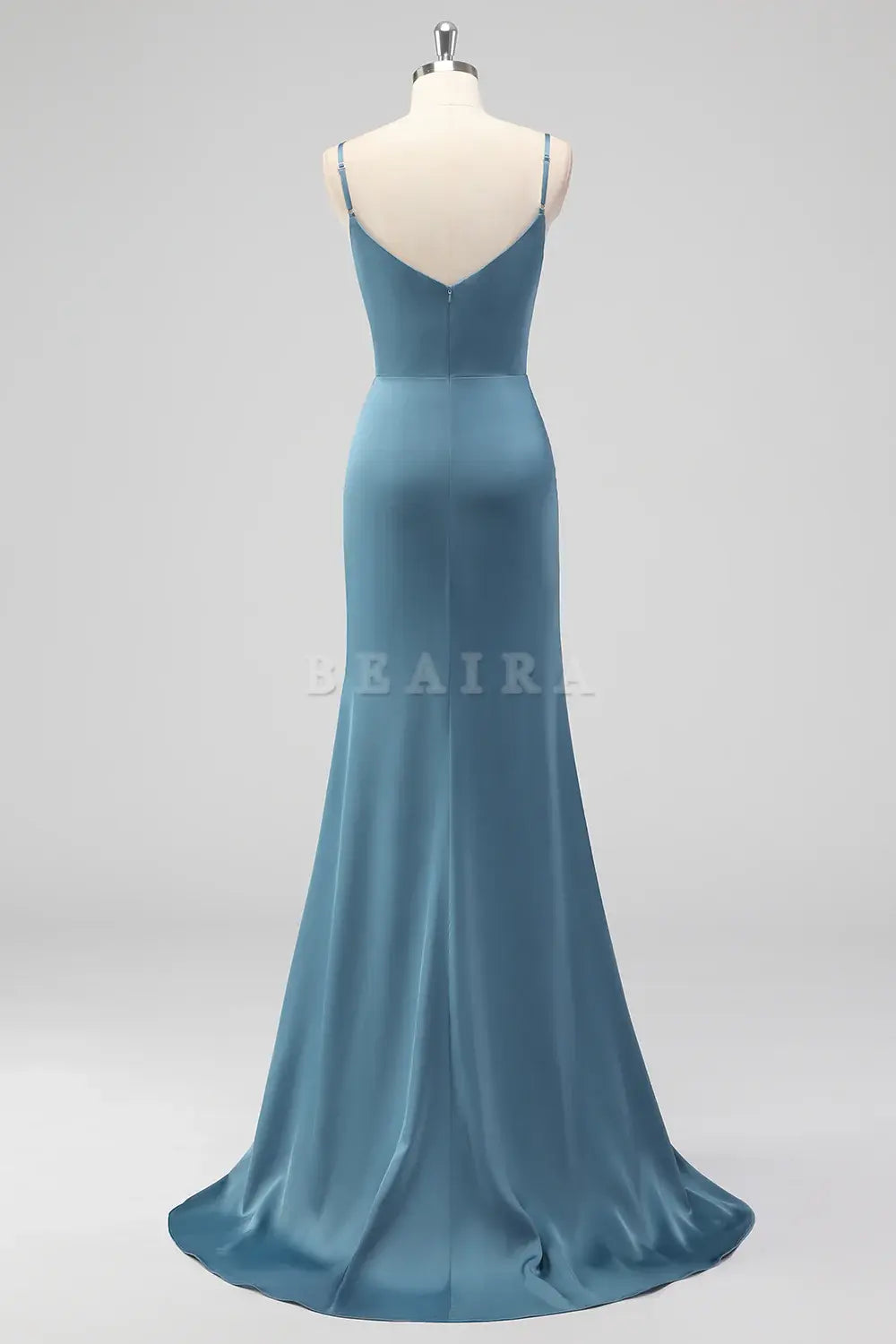 Beaira Elegant Dusty Blue Mermaid Spaghetti Straps Pleated Satin Long Bridesmaid Dress with Slit