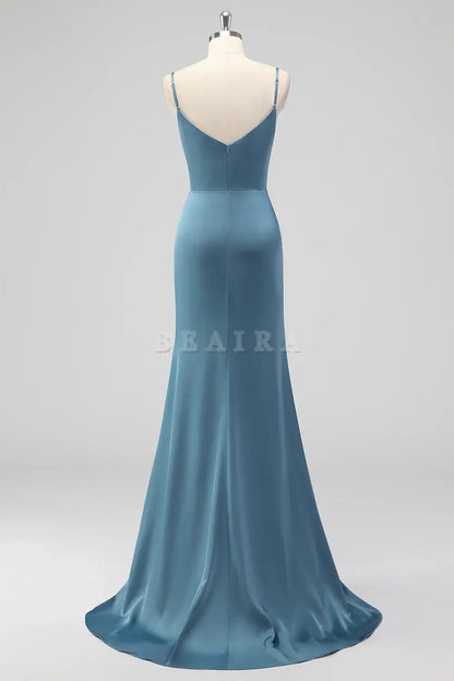 Beaira Elegant Dusty Blue Mermaid Spaghetti Straps Pleated Satin Long Bridesmaid Dress with Slit