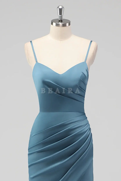 Beaira Elegant Dusty Blue Mermaid Spaghetti Straps Pleated Satin Long Bridesmaid Dress with Slit