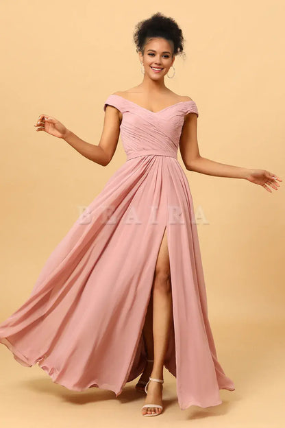 Beaira Elegant Dusty Rose Ruched Long Chiffon Bridesmaid Dress with Slit New Arrivals